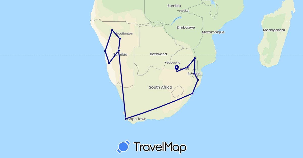 TravelMap itinerary: driving in Namibia, Swaziland, South Africa (Africa)